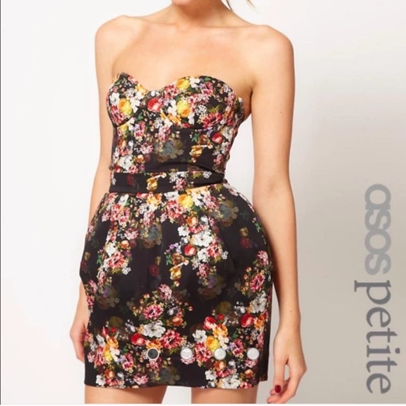 ASOS Petite Strapless Corset Floral Dress Tulle Mesh Skirt Sweetheart Padded - Picture 6 of 15